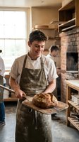 Young male baker of Caucasian ethnicity wearing apron holding freshly baked artisan bread loaf in rustic bakery kitchen with brick oven and wooden shelves for bakery, culinary, and food business use.