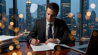 Professional businessman in dark suit signing documents at modern office desk with city skyline view at night. Corporate executive working late hours.