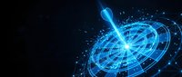 Glowing blue digital astrology wheel with interconnected lines and particles on dark background, representing zodiac signs and cosmic energy for horoscope and fortune telling designs.