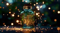 Glowing fireflies trapped in glass mason jar against dark bokeh background, magical summer evening atmosphere with sparkles and light orbs.