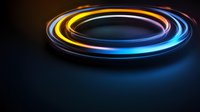 Glowing circular light trails create dynamic motion effect against dark background, featuring vibrant yellow, orange, and blue neon colors for technology concepts.