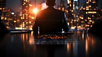 Silhouette of businessman working late at desk with city lights and data visualization display, dramatic evening atmosphere with bokeh background effects.