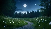 Mystical moonlit meadow with winding path through glowing dandelions and forest silhouettes, full moon illuminating magical night landscape.