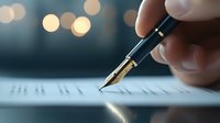Close-up of fountain pen writing on paper with blurred bokeh lights in background, capturing intimate moment of signing document or creative writing process.