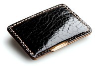 Luxury black patent leather cardholder with crocodile texture pattern and contrast stitching detail on white background, isolated for commercial use.
