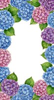 Colorful hydrangea floral border frame with blue, pink, and purple blooms on white background, isolated for cards, invitations, and design use.