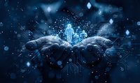 Hands protecting glowing digital city with network connections and data streams in futuristic cybersecurity concept for technology protection solutions.