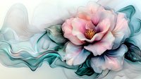 Delicate pink magnolia bloom with flowing teal waves and soft petals, artistic watercolor style floral composition on light background for wall decor and textile design.