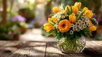 Vibrant spring bouquet with yellow tulips, orange gerbera daisy, and white daisies in glass vase on rustic wooden table with blurred garden background.