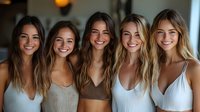 Five diverse young women with natural makeup and long wavy hair smiling together, wearing casual tank tops and crop tops in neutral colors, standing in warm lighting.