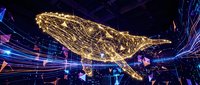 Digital whale made of golden light particles swimming through futuristic cyber space with blue energy streams and data visualization elements.