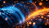 Abstract glowing particles with blue and orange light trails creating dynamic motion effect against dark background, magical energy waves with bokeh elements.