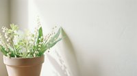 Fresh lily of the valley flowers in terracotta pot on white bedding creates peaceful spring bedroom decor for wellness and relaxation concepts.