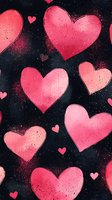Pink watercolor hearts scattered on dark background with subtle spray texture and bokeh effects create romantic seamless pattern for Valentine's Day designs.
