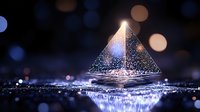 Glowing crystal pyramid with sparkling reflections on dark background with bokeh lights, creating mystical atmosphere for spiritual or luxury concepts.