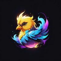 Magical yellow bird with vibrant blue and purple gradient feathers on black background, glowing fantasy art style for gaming, mascot or logo design.
