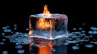 Fire burning atop melting ice cube on dark reflective surface with water droplets, dramatic contrast between flame and frozen elements creates mystical atmosphere.