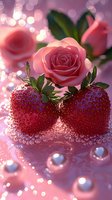 Fresh strawberries with pink rose and pearls on pink bokeh background with water drops, romantic food styling composition for Valentine's day or wedding design.