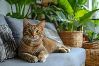 Ginger cat relaxing on gray couch in modern living room with houseplants and wicker baskets. Natural light creates cozy home atmosphere.