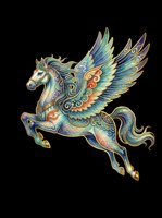 Ornate pegasus with spread wings in blue and gold tones, isolated on transparent background. Great for stickers, t-shirt design, print on demand, and sublimation.