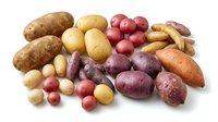 Assorted potato varieties including russet, yellow, red, and purple potatoes isolated on white background, suitable for food photography, culinary design, and agricultural marketing materials.