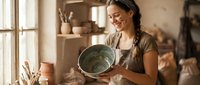 Female potter with dark hair and olive complexion examining handmade ceramic bowl in sunlit studio workshop, wearing apron. Artisan craftsmanship and pottery creation.