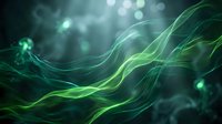 Glowing green energy waves flow through dark space with luminous particles and bokeh light effects, suitable for technology and digital backgrounds.