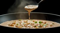 Creamy mushroom soup with dripping sauce from spoon, garnished with fresh herbs and chopped nuts in dark moody setting, steam rising from hot dish.