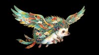 Colorful fantasy hedgehog with ornate feathered wings isolated on transparent background, ready for t-shirt design, clipart, stickers, sublimation and print-on-demand projects.