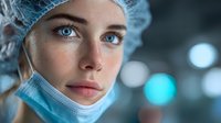 Young Caucasian female surgeon or medical professional wearing surgical cap and mask in hospital operating room with bokeh lights background.