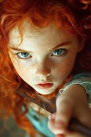 Close-up portrait of young woman with vibrant red curly hair, intense blue eyes and natural freckles against blurred background, dramatic lighting enhances features.