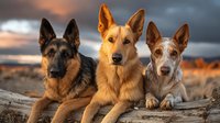 Three dogs of different breeds posing together at sunset against dramatic sky, showcasing loyal companions in warm golden light.
