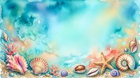 Watercolor underwater ocean scene with seashells, starfish, coral and marine life border frame on textured aqua blue background for summer designs.