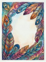 Ornate feathered frame with intricate mandala patterns and vibrant colors in blue, purple, orange and gold tones. Isolated on white background, ready for design projects, invitations, posters and greeting cards.