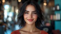 Young Mediterranean woman with dark wavy bob haircut and natural makeup smiling warmly at camera against blurred cafe interior with bokeh lights in background.