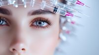 Close up view of blue eyes with long eyelashes and syringes with transparent liquid for cosmetic procedures in beauty clinic, soft focus aesthetic composition.