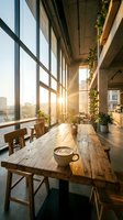 Sunlit modern cafe interior with rustic wooden table, coffee cup, and lush green plants bathed in warm golden morning light.