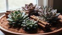 Succulent plants arrangement in terracotta pot with cinnamon sticks and soil, indoor gardening decoration for home and office spaces.