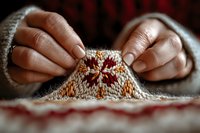 Close up of African American woman's hands embroidering traditional floral pattern on cream colored fabric with burgundy and orange thread details.