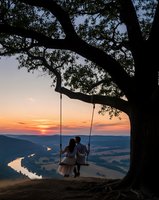 Romantic couple on tree swing watching sunset over river valley landscape. Peaceful evening moment under ancient oak tree branches creating intimate atmosphere.