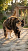 Fluffy calico cat standing on wooden deck in warm sunlight with blurred garden background for pet care and outdoor lifestyle content.