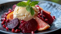 Fresh vanilla ice cream scoop garnished with mint leaf served on dark plate with sliced beets, citrus, and scattered pomegranate seeds, close up view of gourmet dessert.