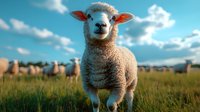 Young lamb standing in green pasture on sunny day with flock in background. Close up portrait shows fluffy wool coat and curious expression against blue sky.