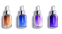 Glass dropper bottles with colorful liquid inside on white background, isolated cosmetic serum containers for skincare and beauty products packaging design.