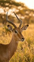 Male impala antelope portrait in golden savanna grassland during warm sunset light with bokeh background for wildlife photography.