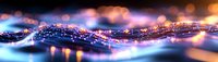 Abstract glowing wave with sparkling particles flowing on dark background, luminous blue and orange bokeh lights creating magical atmosphere.