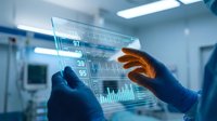 Medical professional analyzing transparent digital health data interface with vital signs and charts in modern hospital laboratory setting.