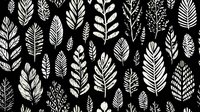 White botanical leaves pattern on black background, hand-drawn foliage silhouettes in minimalist style for textile design, wallpaper, and home decor.