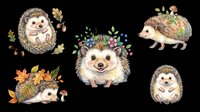 Cute hedgehog clipart set with autumn leaves, flowers, and acorns, isolated on transparent background. Ready for stickers, t-shirt design, and print on demand.