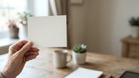 Mature hand holding blank white card in home office workspace with coffee cup and plants, mockup for greeting or business message.